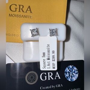 New GRA Princess Cut Sterling 5mm Moissanite Stud Earrings, 1.6 ct